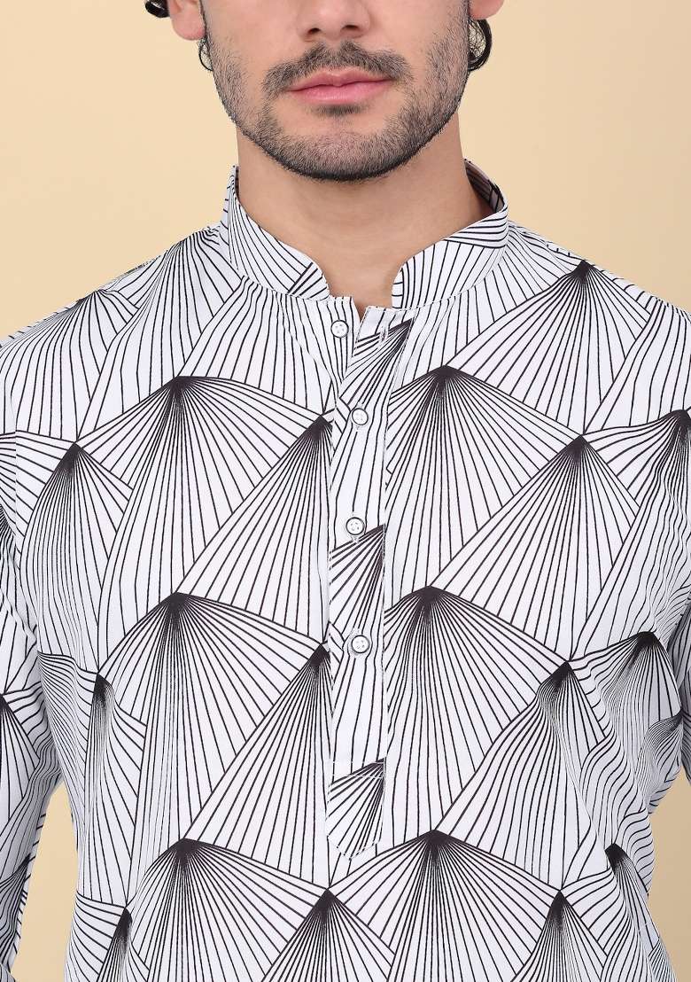 White Printed Cotton Kurta Set For Men - Indya