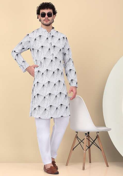 White Printed Cotton Kurta Set For Men