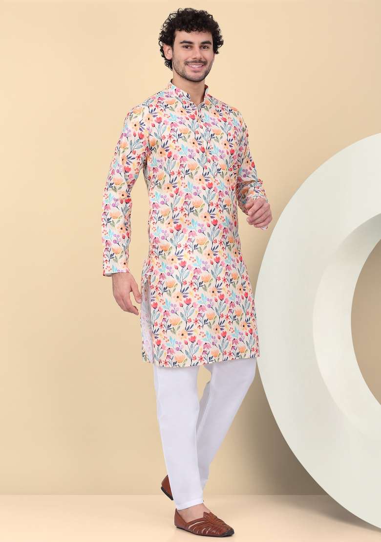 Beige Printed Linen Kurta Set For Men - Indya