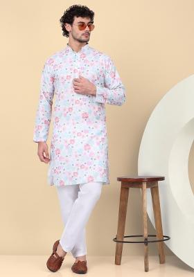 Cream Printed Linen Kurta Set For Men