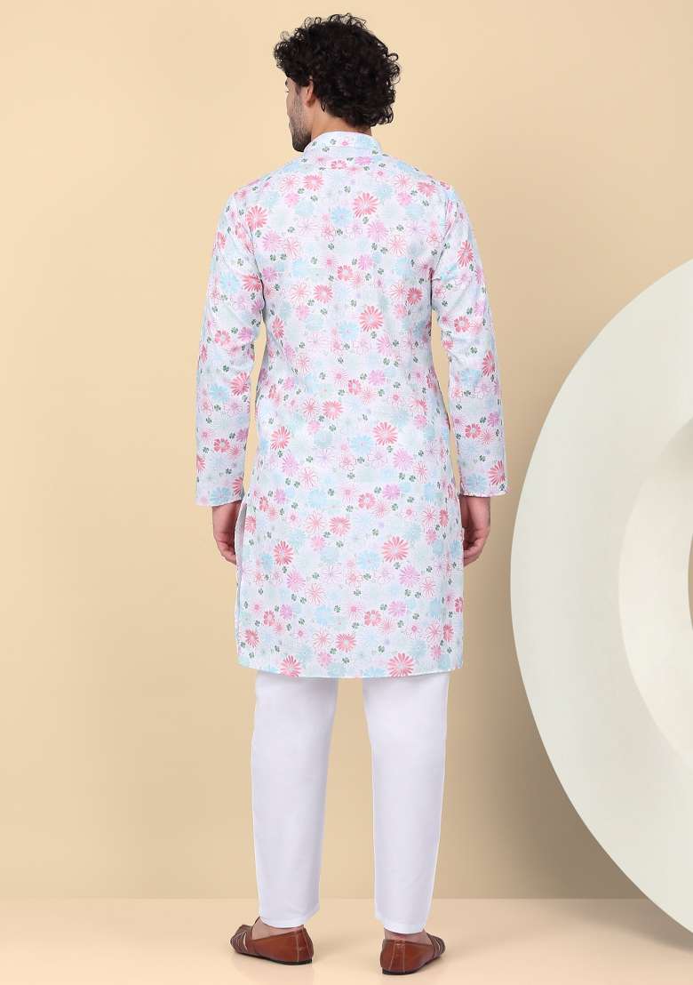 Cream Printed Linen Kurta Set For Men - Indya