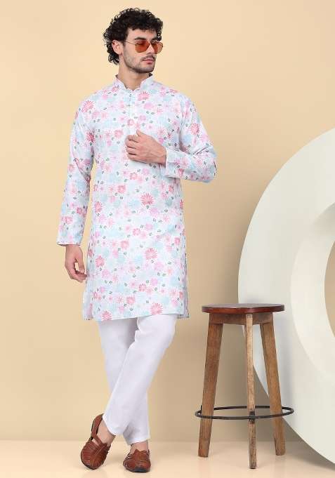 Cream Printed Linen Kurta Set For Men