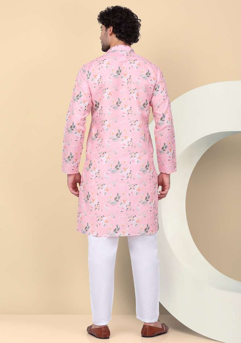 Pink Printed Linen Kurta Set For Men - Indya