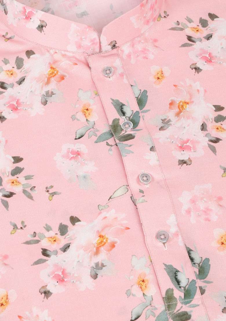 Pink Printed Linen Kurta Set For Men - Indya