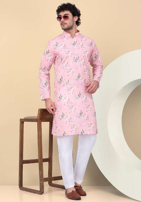 Pink Printed Linen Kurta Set For Men