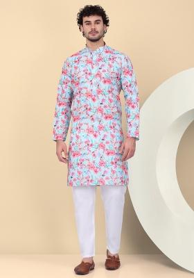 Blue Printed Linen Kurta Set For Men
