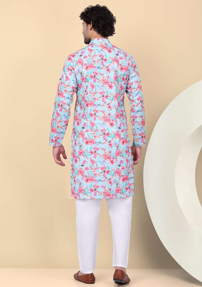 Blue Printed Linen Kurta Set For Men - Indya