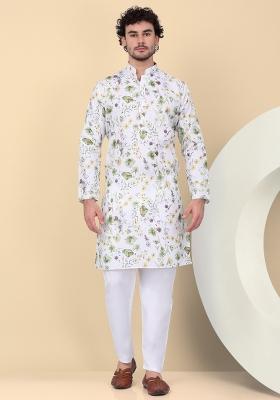 White Printed Linen Kurta Set For Men