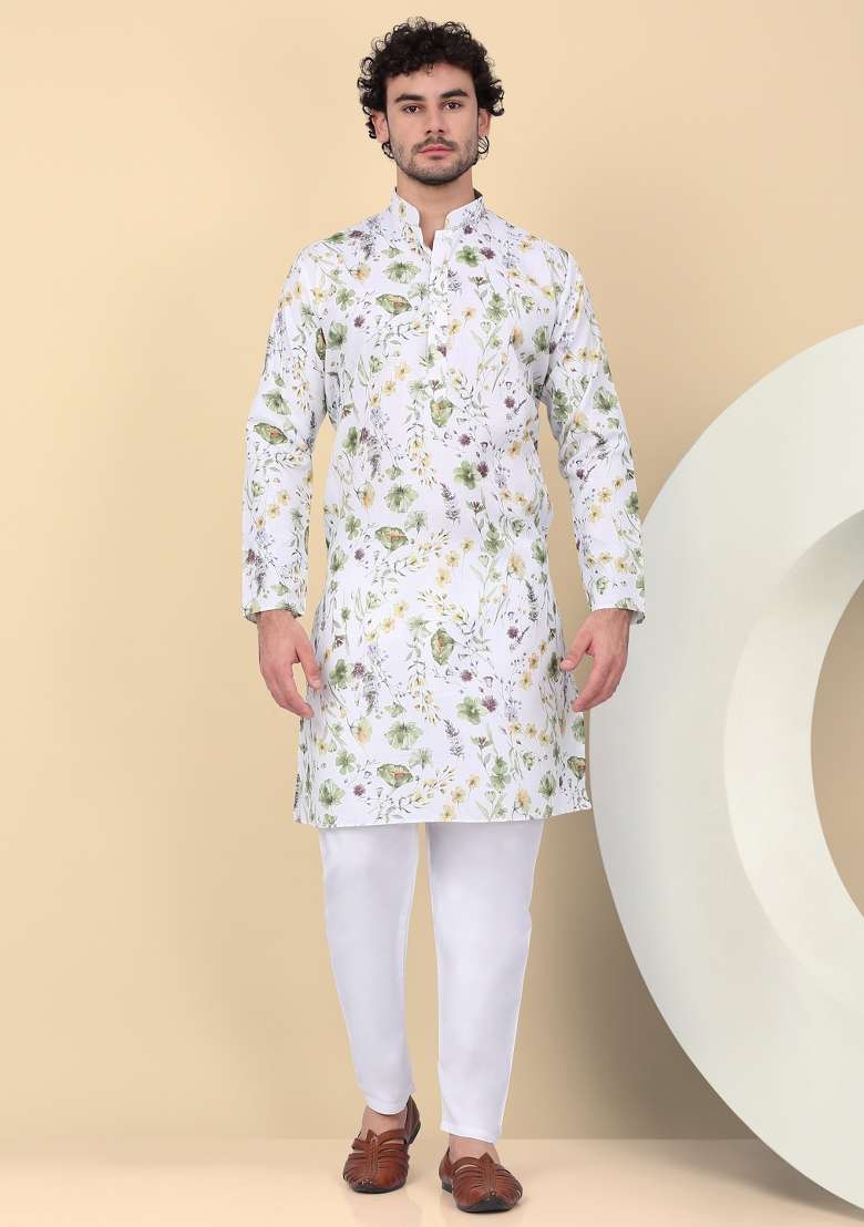 White Printed Linen Kurta Set For Men - Indya