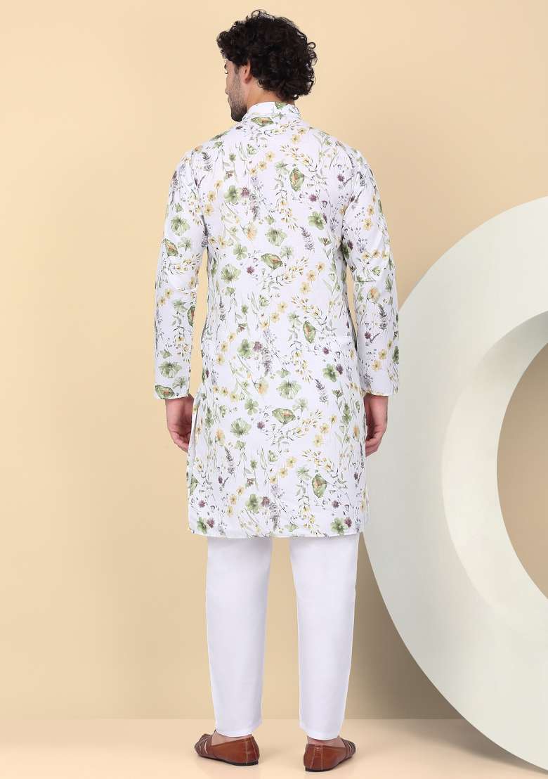 White Printed Linen Kurta Set For Men - Indya