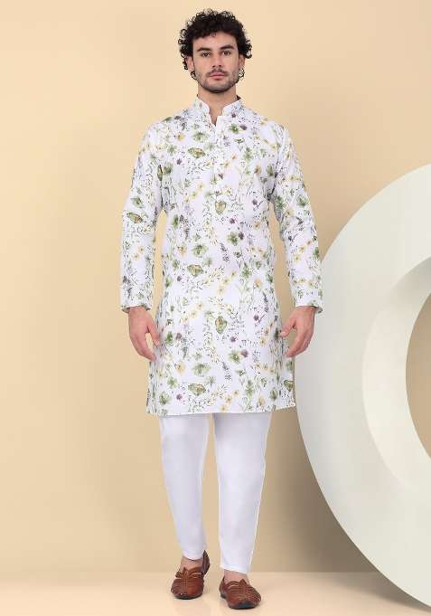White Printed Linen Kurta Set For Men