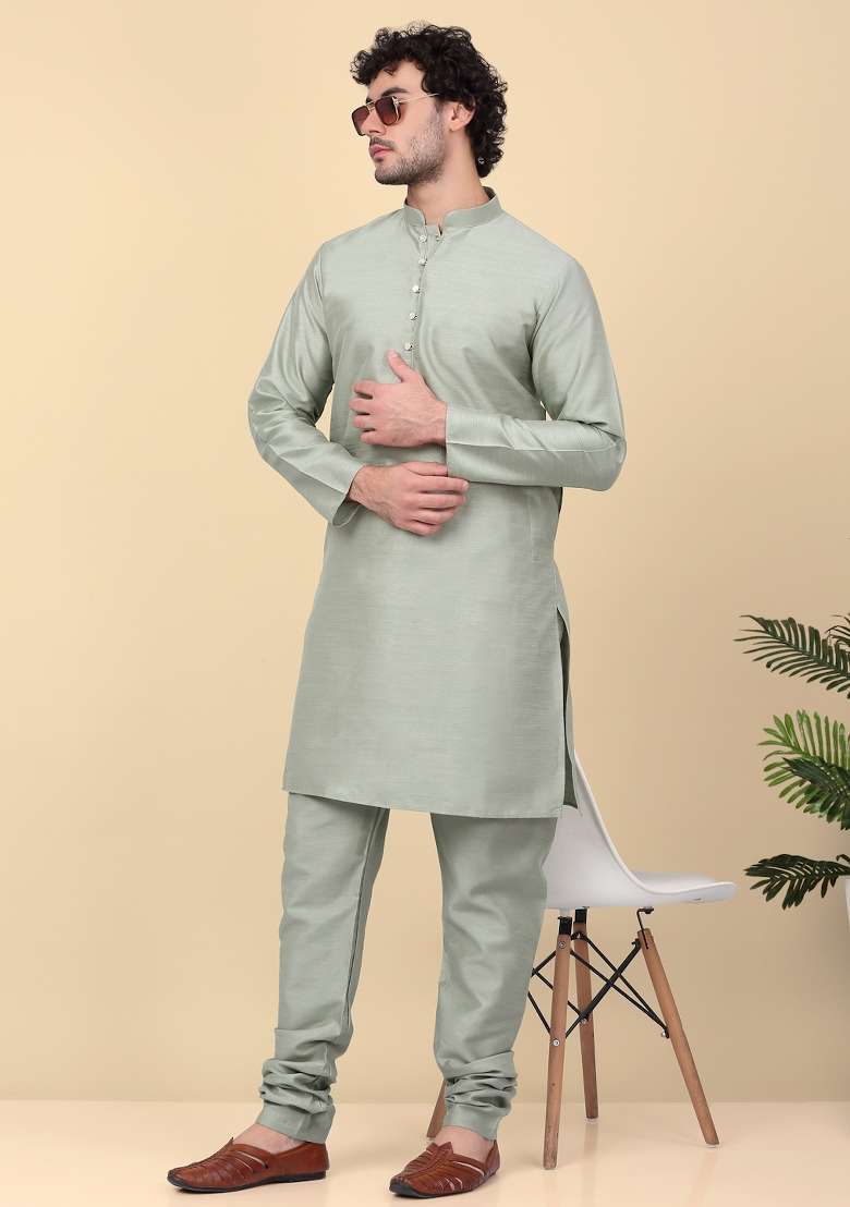 Olive Solid Silk Blend Kurta Set For Men - Indya