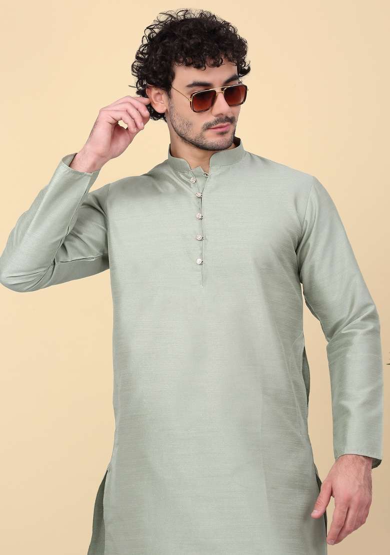 Olive Solid Silk Blend Kurta Set For Men - Indya