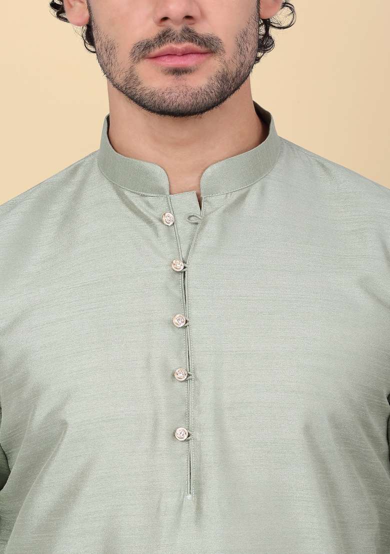 Olive Solid Silk Blend Kurta Set For Men - Indya