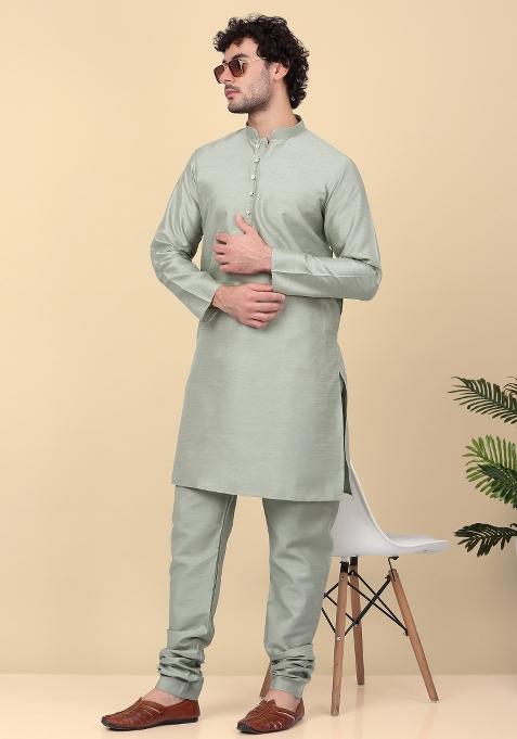 Olive Solid Silk Blend Kurta Set For Men