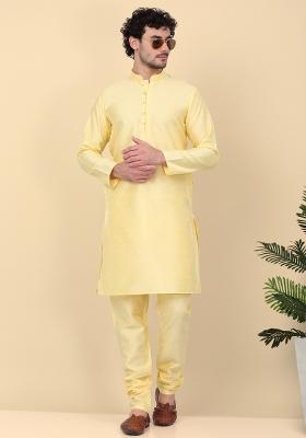 Lime Yellow Solid Silk Blend Kurta Set For Men