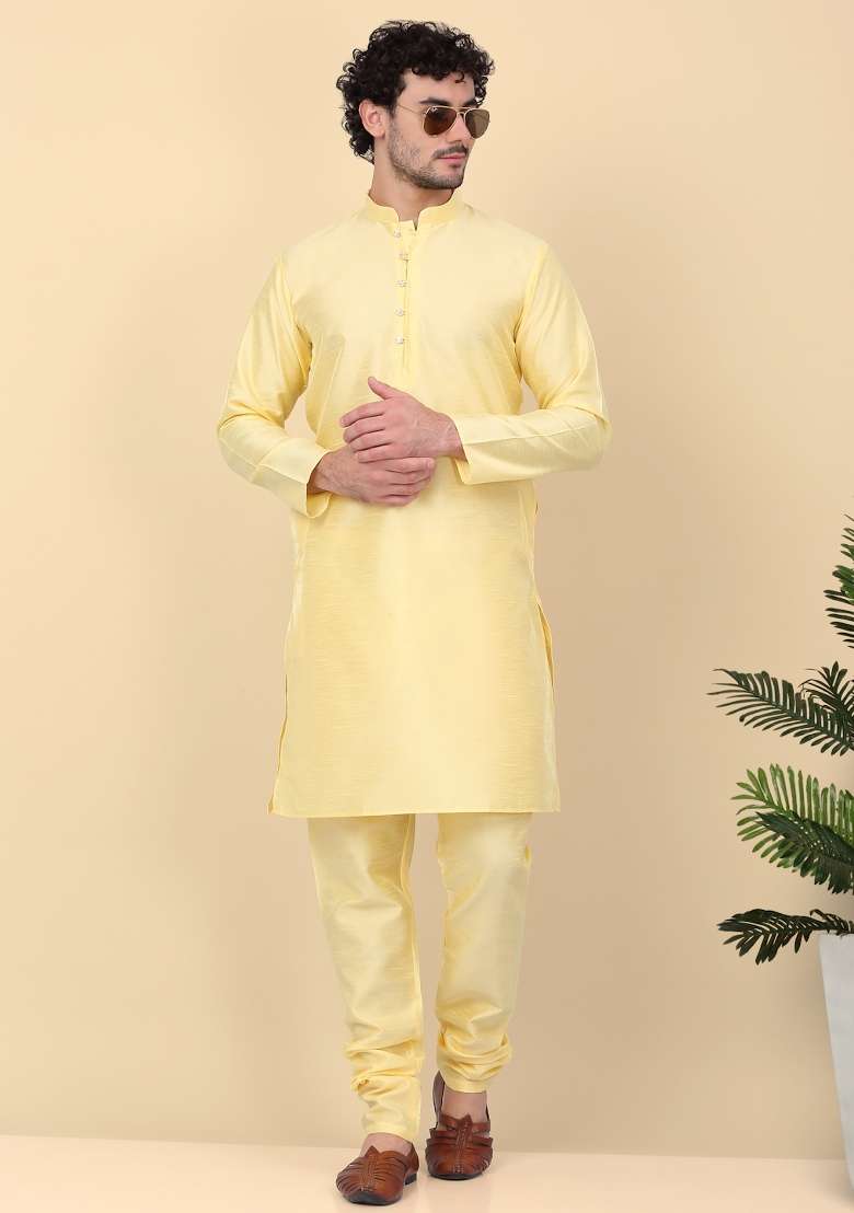 Lime Yellow Solid Silk Blend Kurta Set For Men - Indya
