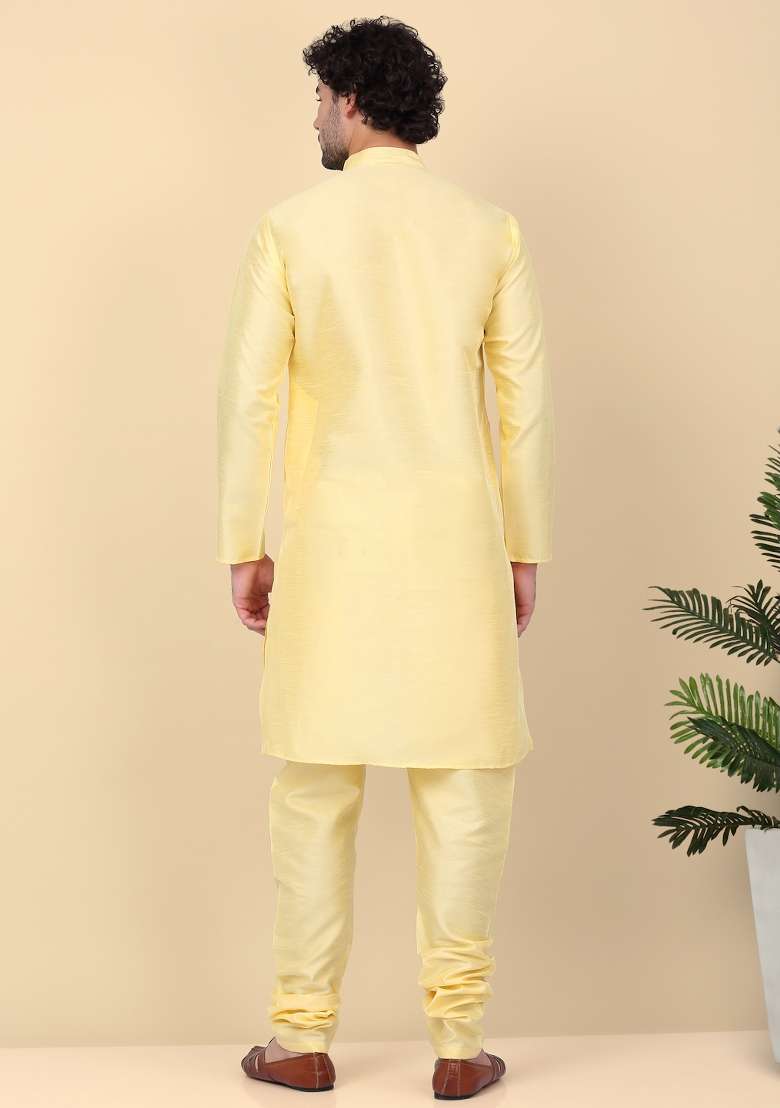 Lime Yellow Solid Silk Blend Kurta Set For Men - Indya
