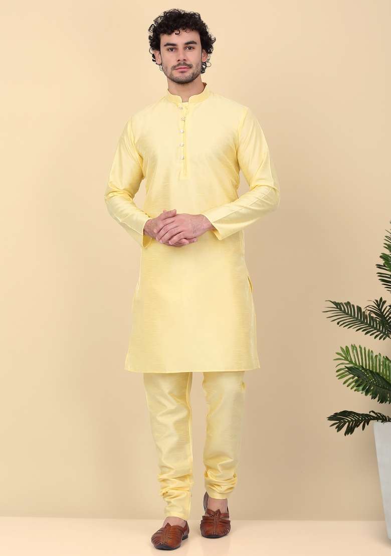 Lime Yellow Solid Silk Blend Kurta Set For Men - Indya