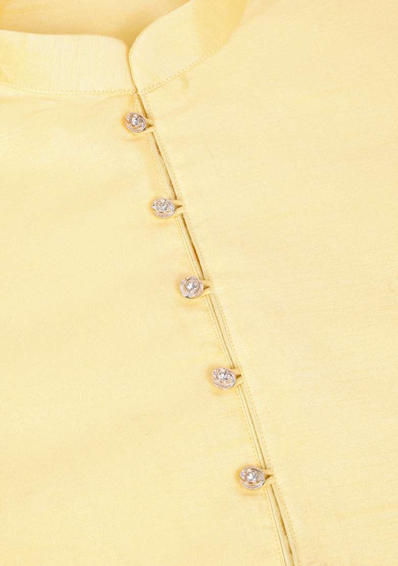 Lime Yellow Solid Silk Blend Kurta Set For Men - Indya