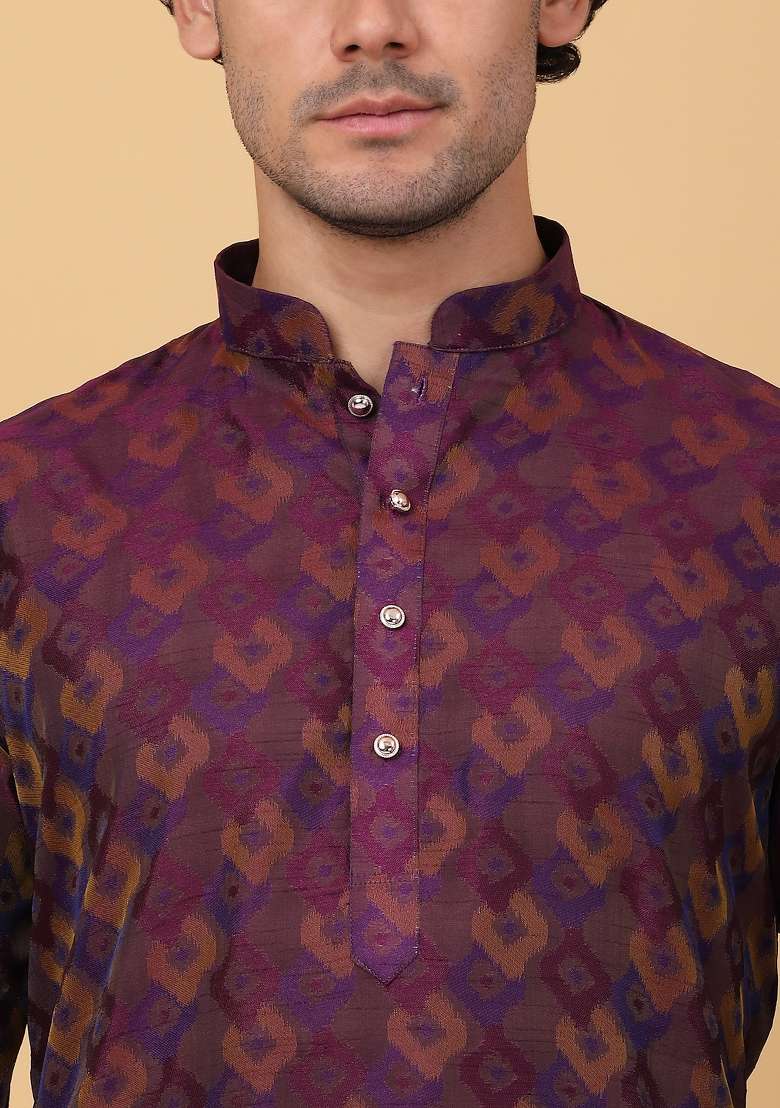 Purple Woven Silk Blend Kurta Set For Men - Indya