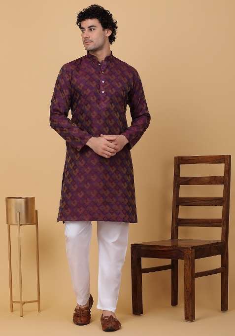 Purple Woven Silk Blend Kurta Set For Men