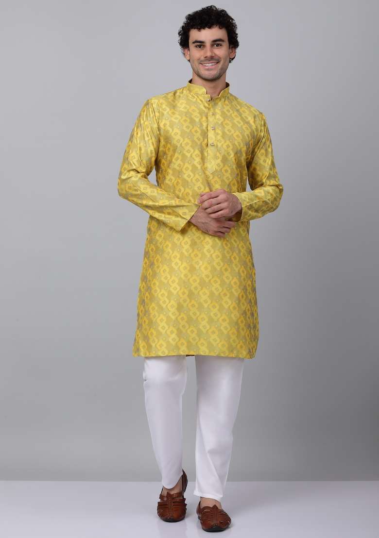 Yellow Woven Silk Blend Kurta Set For Men - Indya