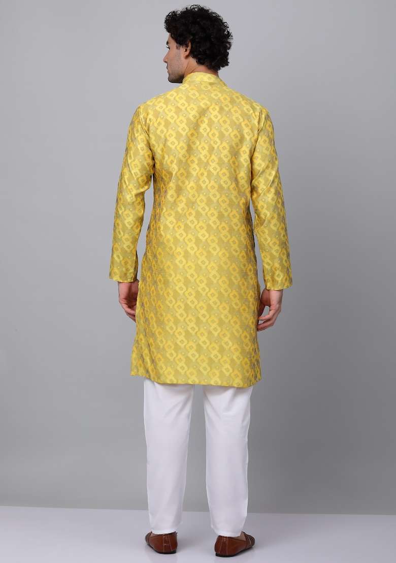 Yellow Woven Silk Blend Kurta Set For Men - Indya