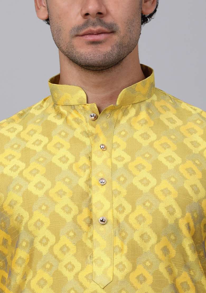 Yellow Woven Silk Blend Kurta Set For Men - Indya