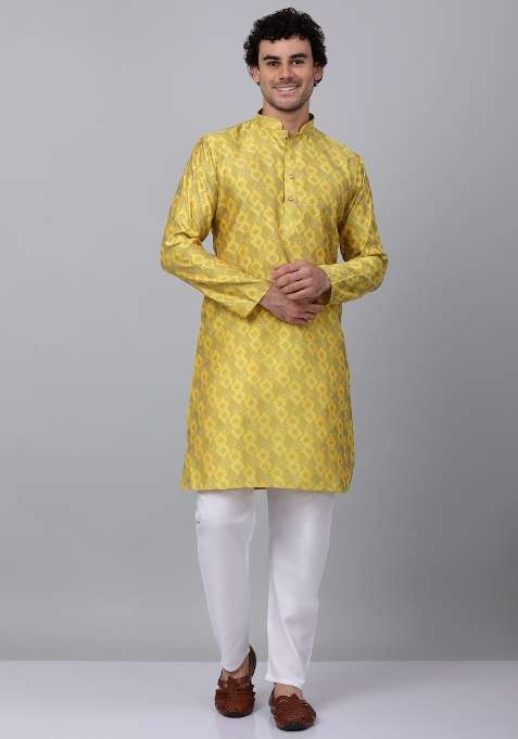 Yellow Woven Silk Blend Kurta Set For Men