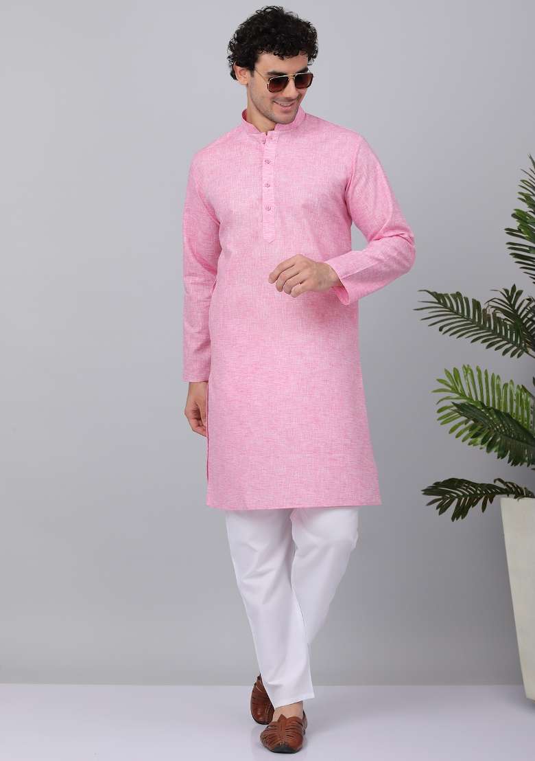 Pink Solid Linen Kurta Set For Men - Indya