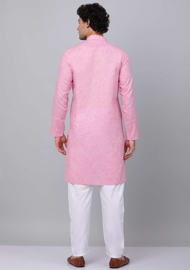 Pink Solid Linen Kurta Set For Men - Indya