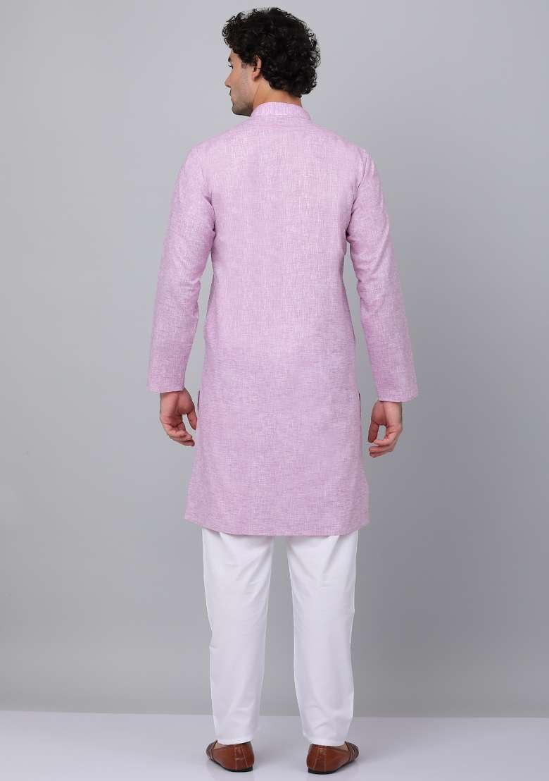 Purple Solid Linen Kurta Set For Men - Indya