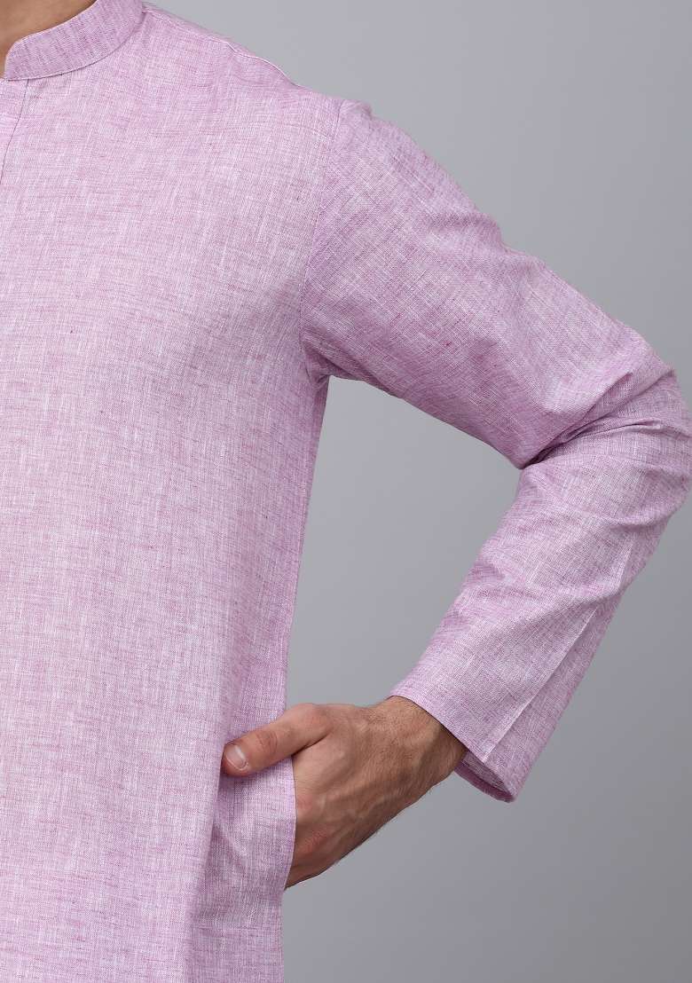 Purple Solid Linen Kurta Set For Men - Indya