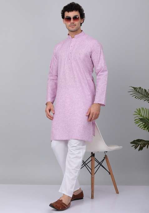 Purple Solid Linen Kurta Set For Men