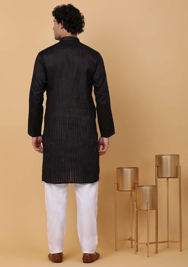 Black Striped Pure Cotton Kurta Set For Men - Indya