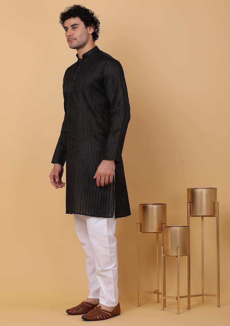 Black Striped Pure Cotton Kurta Set For Men - Indya