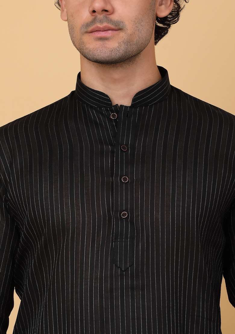 Black Striped Pure Cotton Kurta Set For Men - Indya
