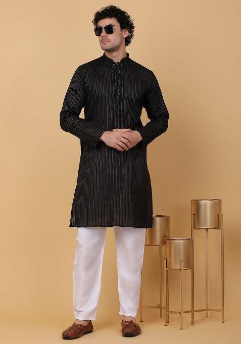 Black Striped Pure Cotton Kurta Set For Men