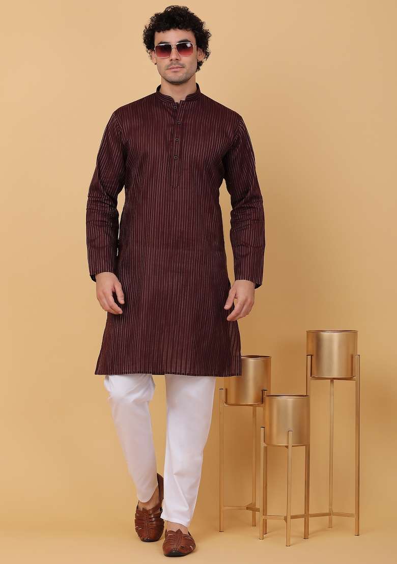 Maroon Striped Pure Cotton Kurta Set For Men - Indya