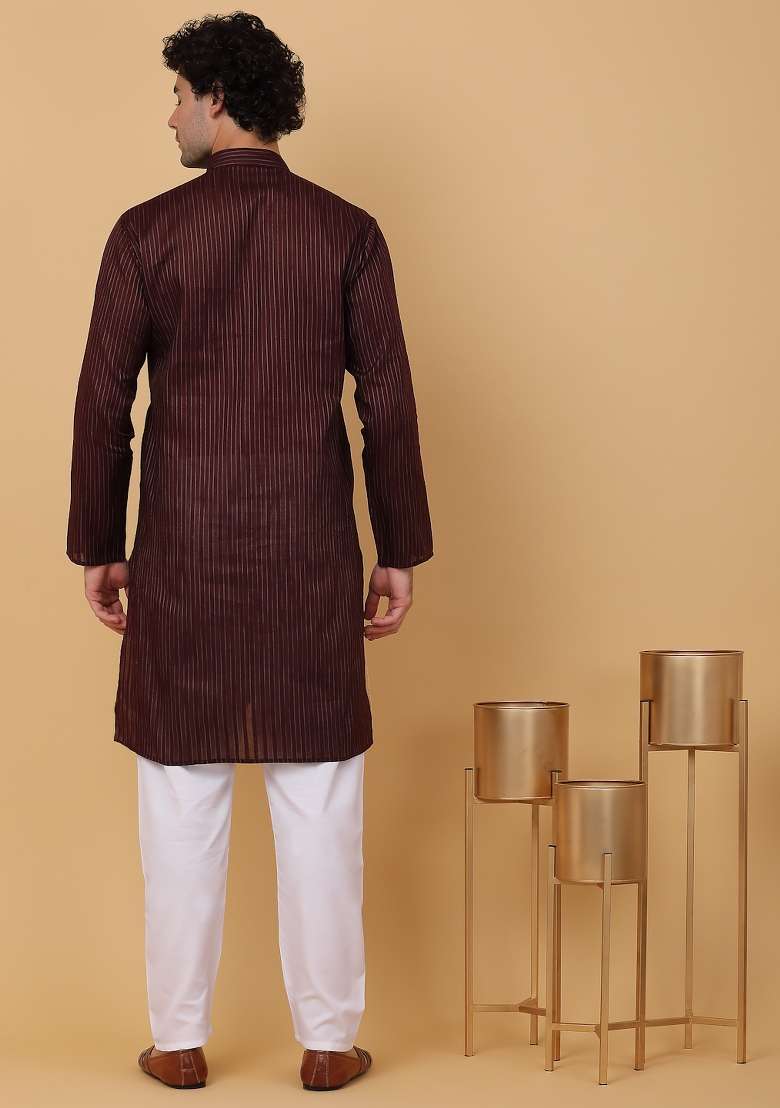 Maroon Striped Pure Cotton Kurta Set For Men - Indya