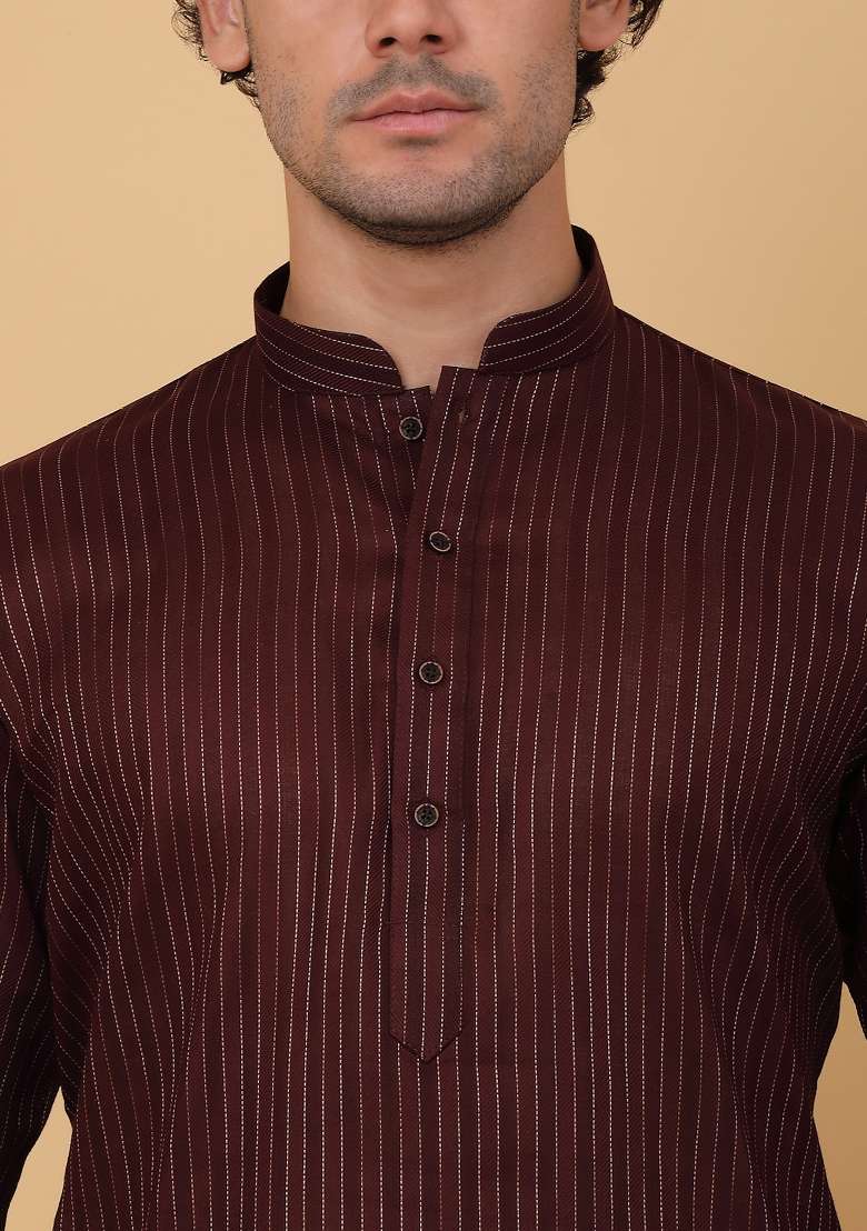 Maroon Striped Pure Cotton Kurta Set For Men - Indya