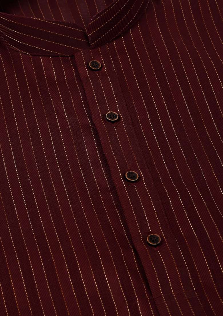 Maroon Striped Pure Cotton Kurta Set For Men - Indya