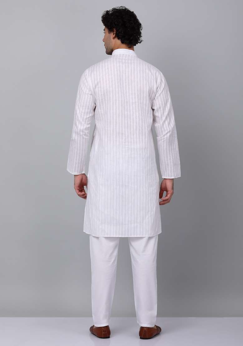 White Striped Pure Cotton Kurta Set For Men - Indya