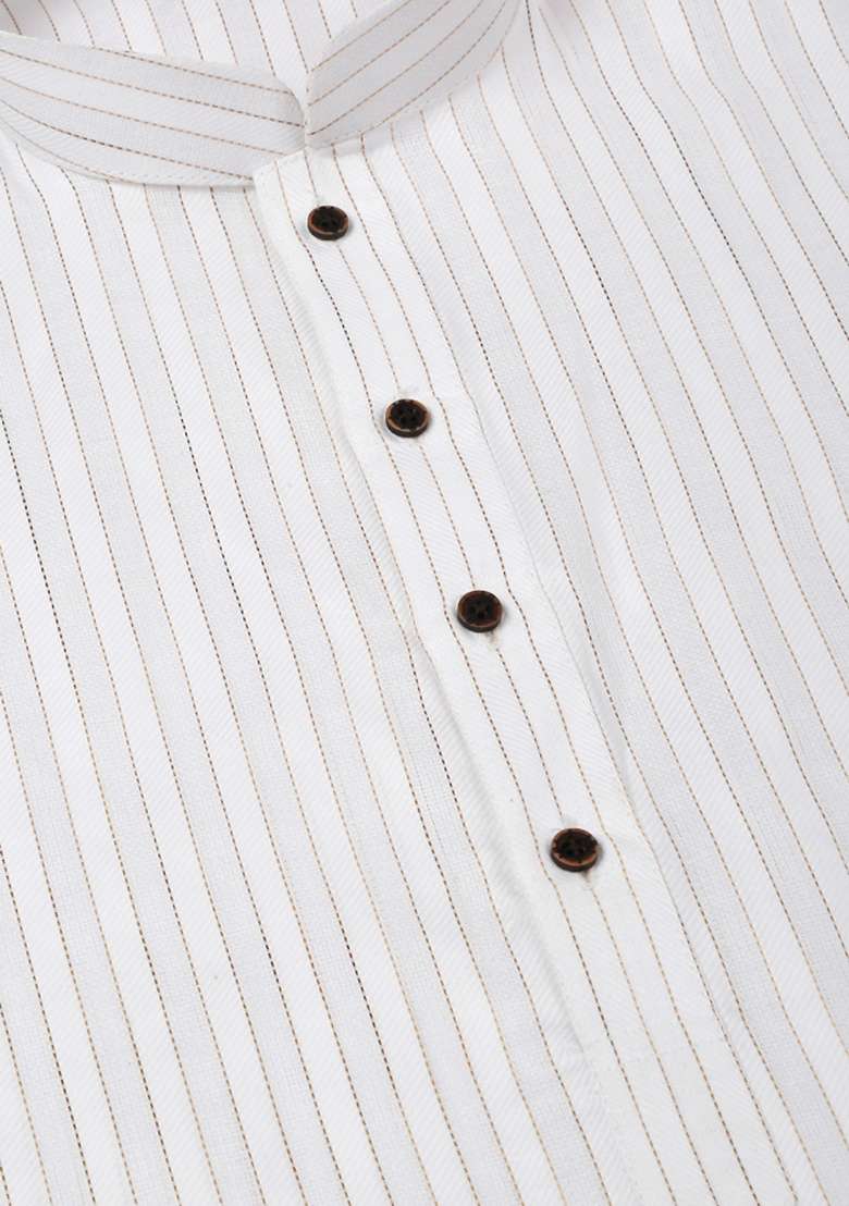 White Striped Pure Cotton Kurta Set For Men - Indya