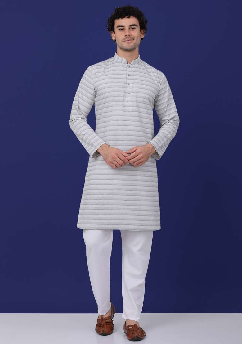 Grey Striped Pure Cotton Kurta Set For Men - Indya