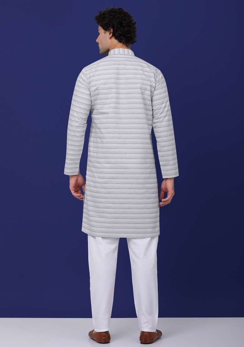 Grey Striped Pure Cotton Kurta Set For Men - Indya