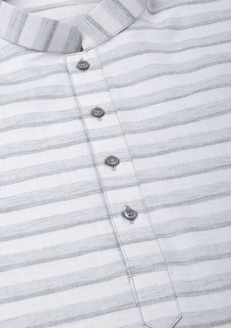 Grey Striped Pure Cotton Kurta Set For Men - Indya