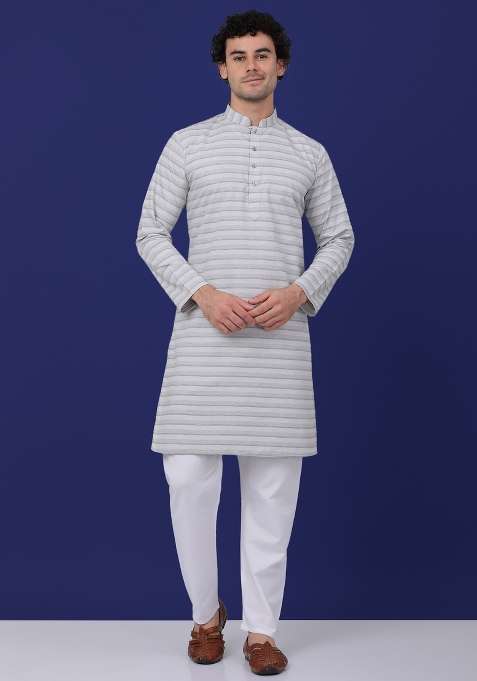 Grey Striped Pure Cotton Kurta Set For Men