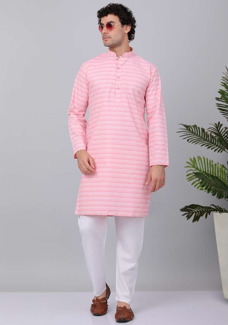 Pink Striped Pure Cotton Kurta Set For Men - Indya